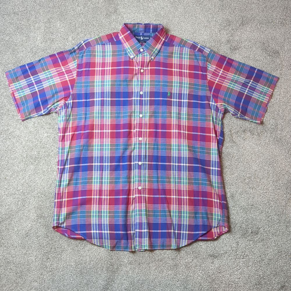 Ralph Lauren Blake Colorful Plaid Preppy 100% Cotton Short Sleeve Men's Large